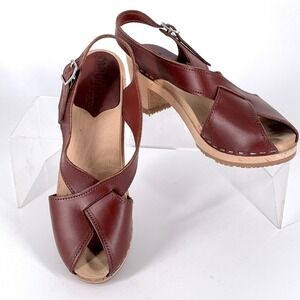 Sandgrens Size 38 US 7-7.5 Brown Leather Morocco Platform Wood Clogs Sandals